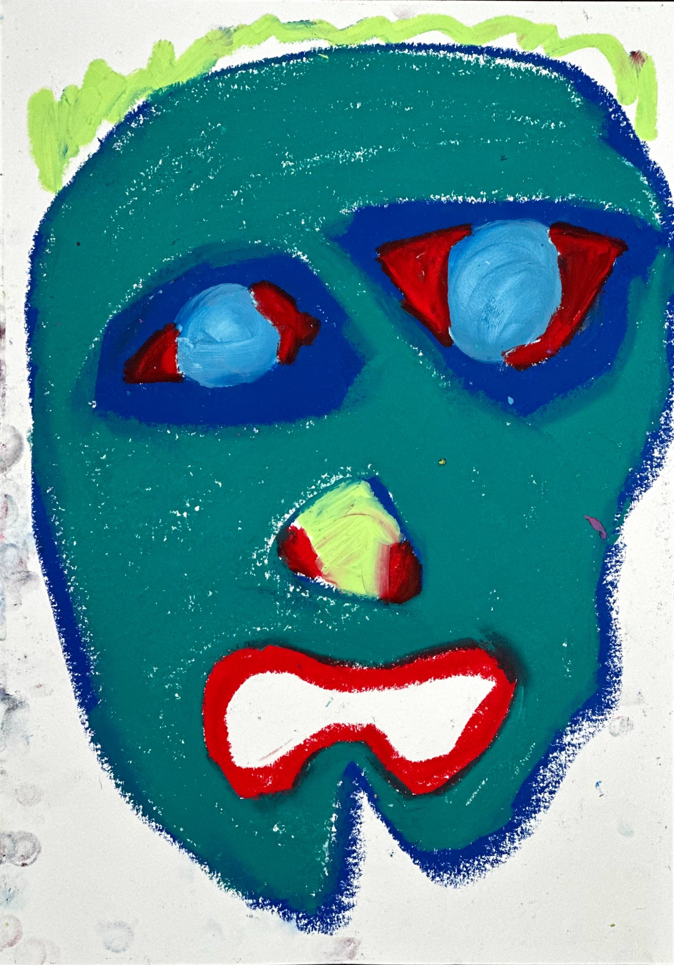 An abstract expressionist portrayal of a face with dominant green tones, accentuated by red geometric shapes around the eyes, a yellow triangle nose, and a stark white mouth, encapsulated within the transformative Sauna Fusion Art series by Lenfantvivant. 